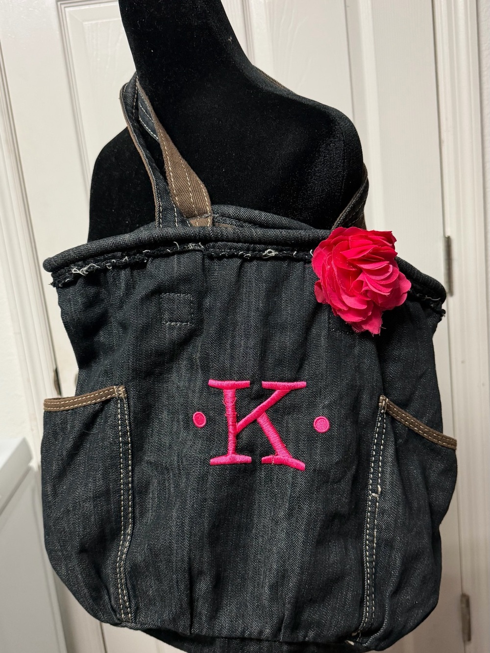 H&M Black Denim Tote with Hot Pink 'K' Monogram and Flower Accent